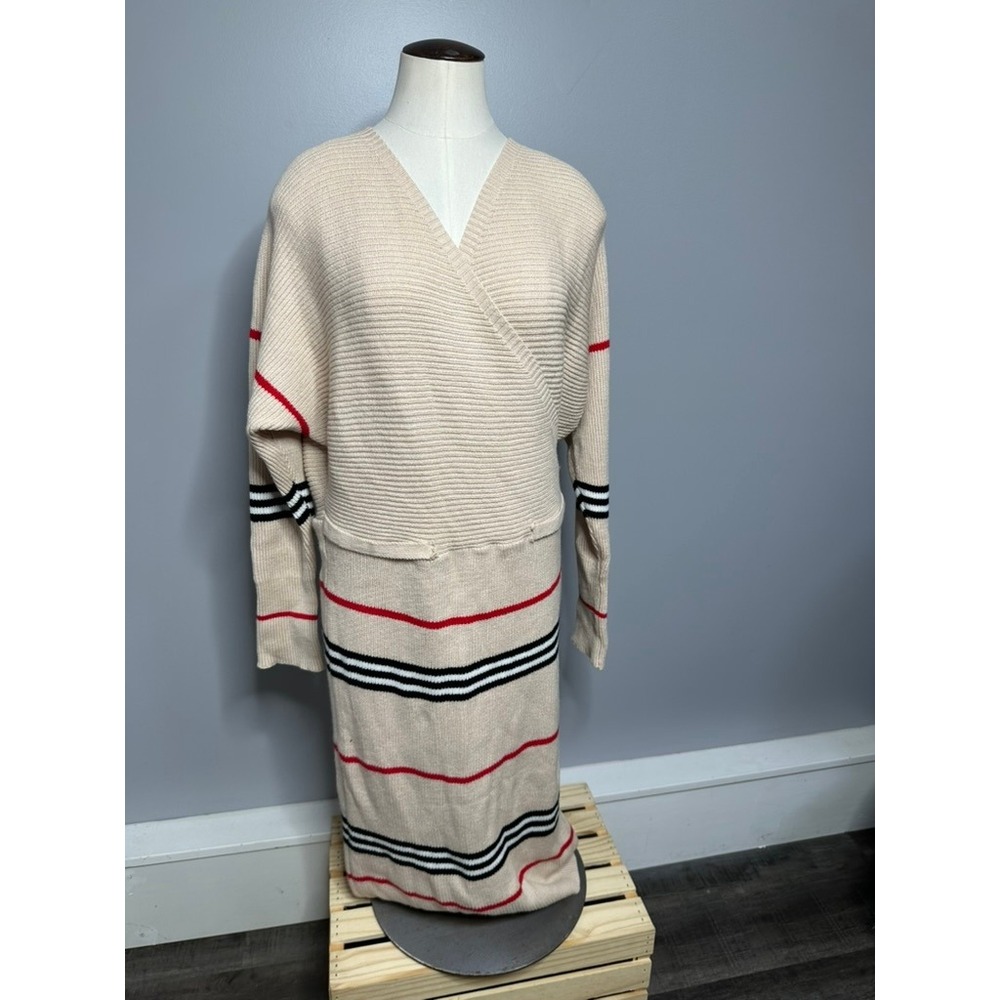 Beige Striped Ribbed Knit Wrap Midi Dress Long Sleeve Surplice V-Back XXL